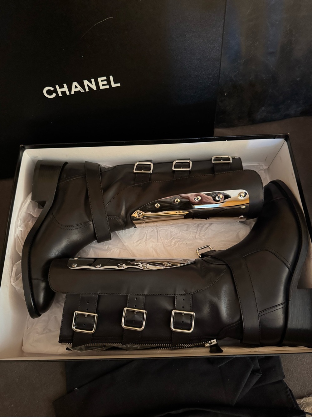 CHANEL Black Leather Knee-High Combat Boots with Silver Plate - Picture 14 of 16
